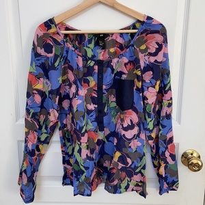 H&M Floral 3/4 Sleeve Cotton Silk Blouse Top